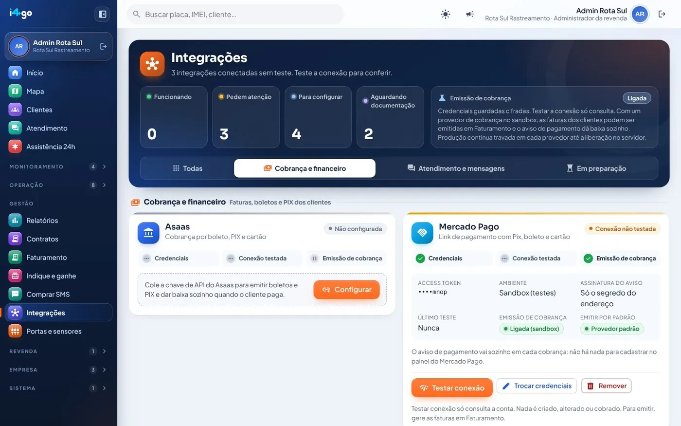 Tela de integrações de cobrança