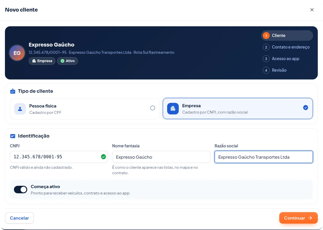 Janela de novo cliente com o CNPJ preenchido
